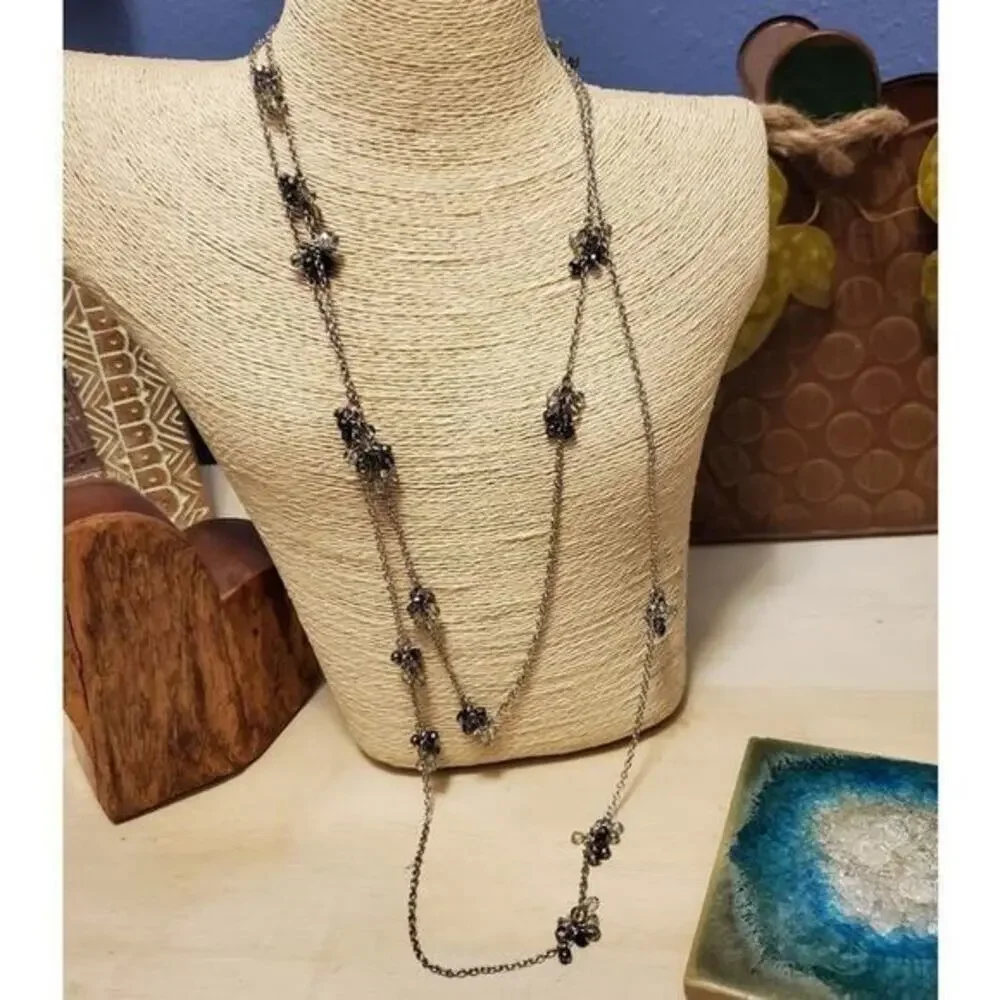 Coldwater Creek Gunmetal Long Beaded Necklace Grey Iridescent Navy‎ Cluster
